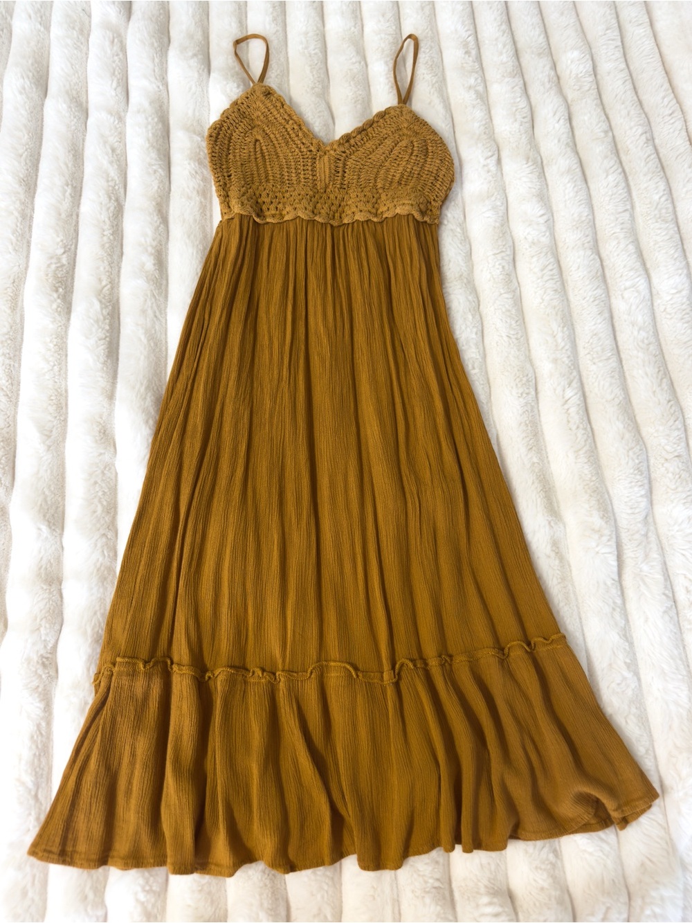 Blush Mustard Crochet-Bodice Midi Dress with Spaghetti Straps